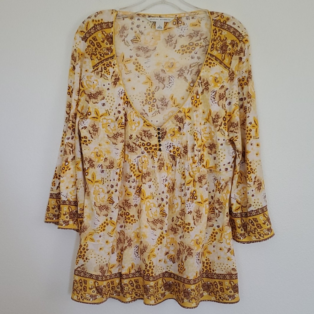 Banana Republic Floral V-Neck Women's Top - Yellow and Brown